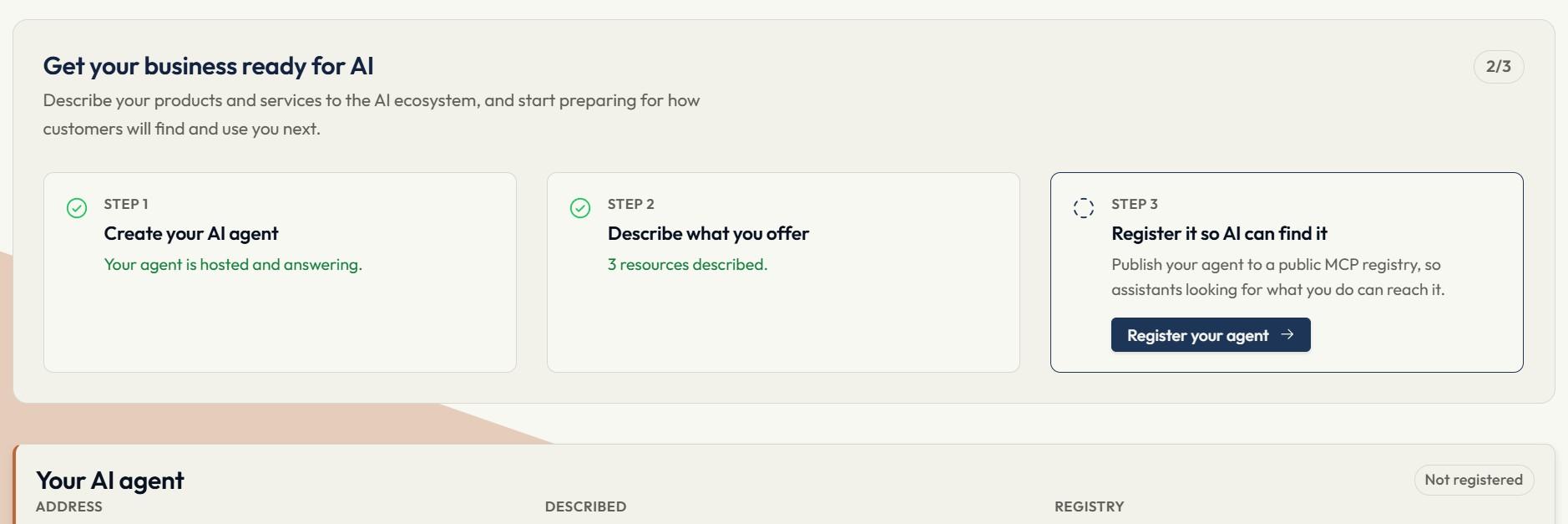 Product screenshot — the guided setup